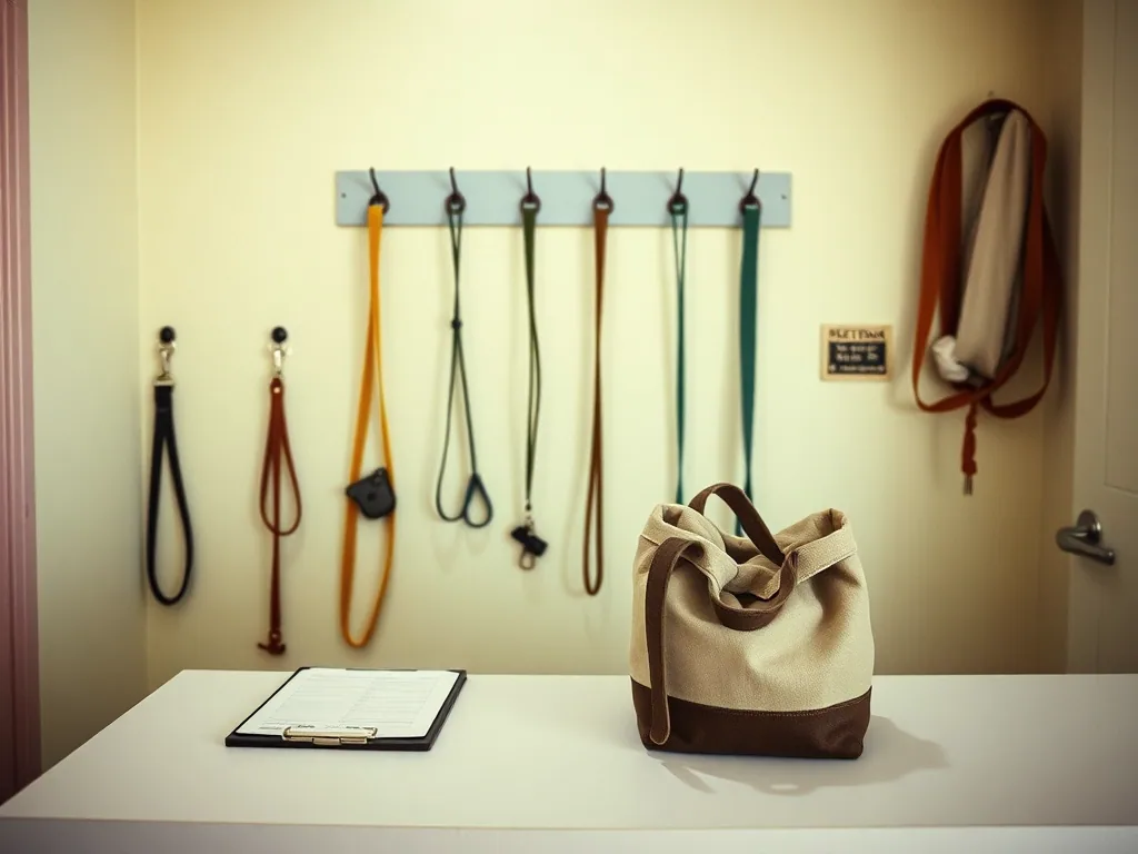 The front counter with leads hung on the wall behind it and a feed bag and clipboard left on the top.