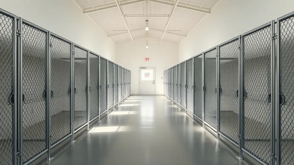 The centre aisle of the kennel building in daylight, run gates down both sides and a sealed concrete floor.