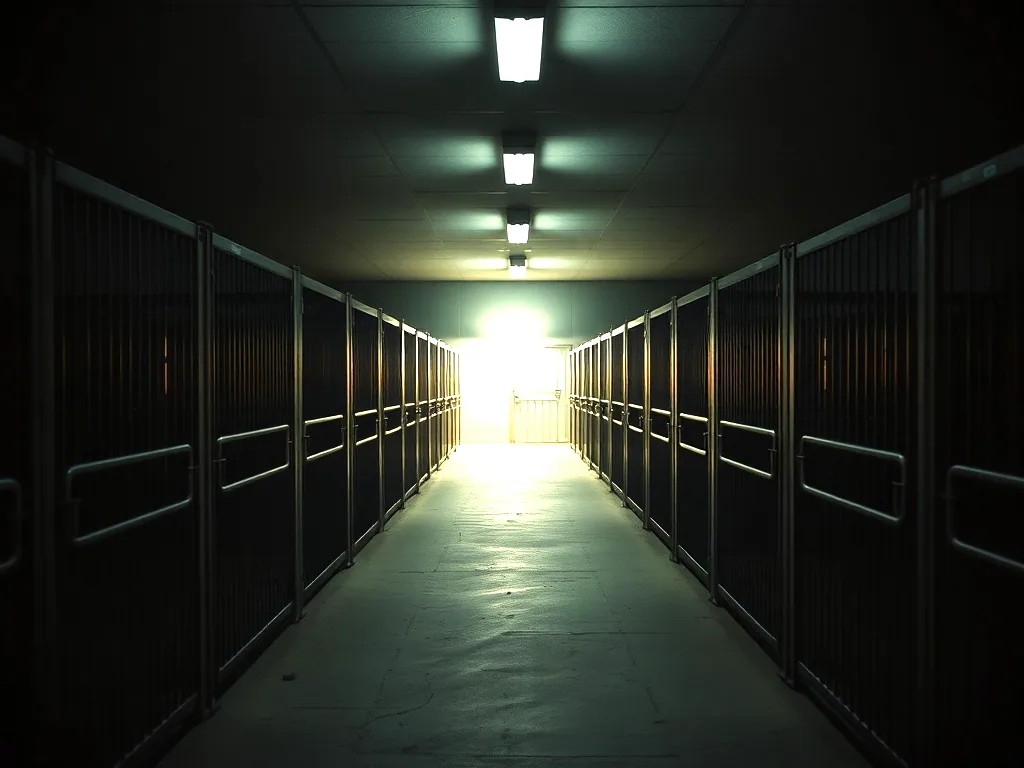 The aisle at night with the lights turned down, one light burning at the far end.