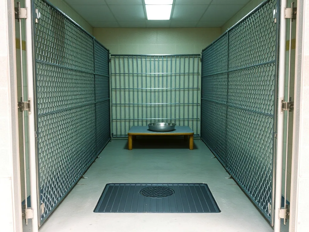 A single run seen from the aisle through a closed gate, sealed floor, drain, raised bed and water bowl.