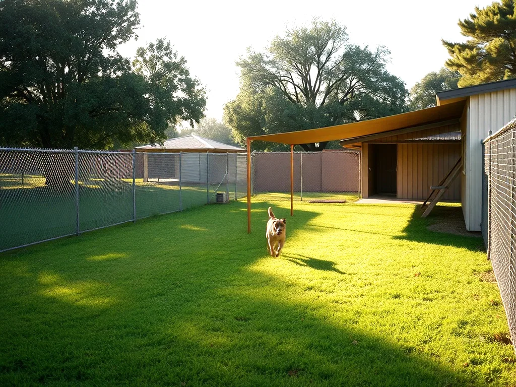 The fenced grass yard with a shade structure along one side and a dog trotting across it.